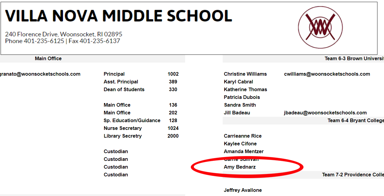 Amy Bednarz, with a history of harassing school choice supporters in Rhode Island and threatened President Trump, still listed as employed by the Villa Nova Middle School in Woonsocket