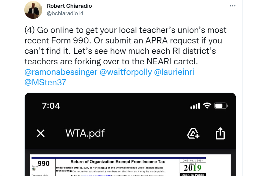 Go online to get your local teacher’s union’s most recent Form 990. Or submit an APRA request if you can’t find it. Let’s see how much each RI district’s teachers are forking over to the NEARI [anti-child, anti-family] cartel.