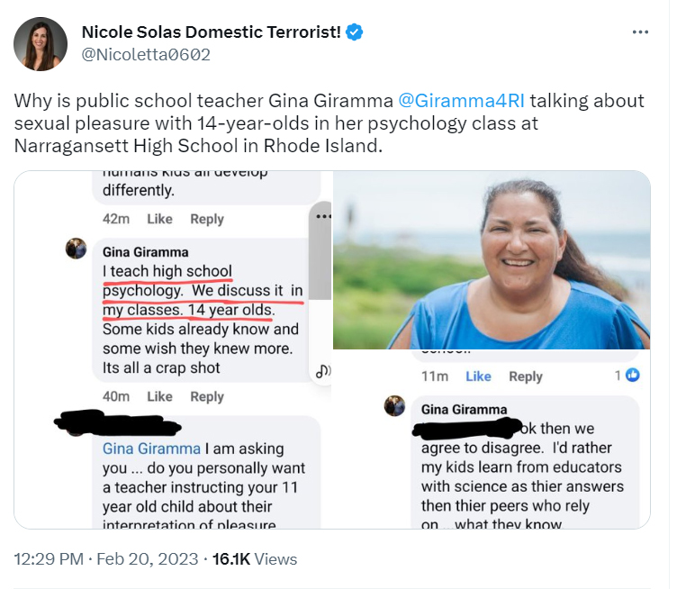 WTF? Why is public school teacher Gina Giramma talking about sexual pleasure with 14-year-olds in her psychology class at Narragansett High School in Rhode Island?