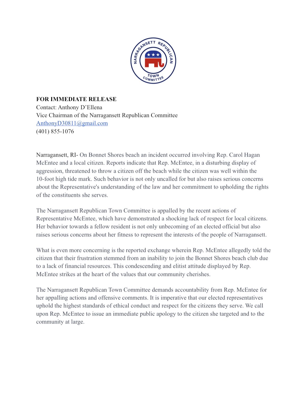 The Narragansett GOP condemns Rep. Carol Hagan McEntee disgraceful behavior
