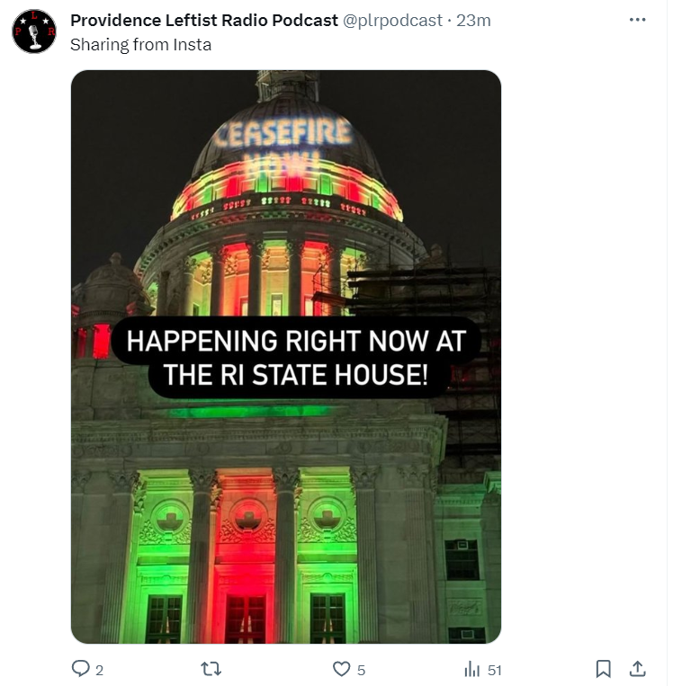[Thank Sanctuary City Democrats] Pro-Terrorist Protesters in Providence Project Ceasefire Now on the Statehouse Building