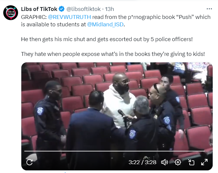 GRAPHIC: Courageous superhero John K. Amanchukwu Sr. reads from the pornographic book “Push” available to students at Midland ISD serving Midland County, Texas: Mic shut & he is escorted out by 5 police officers