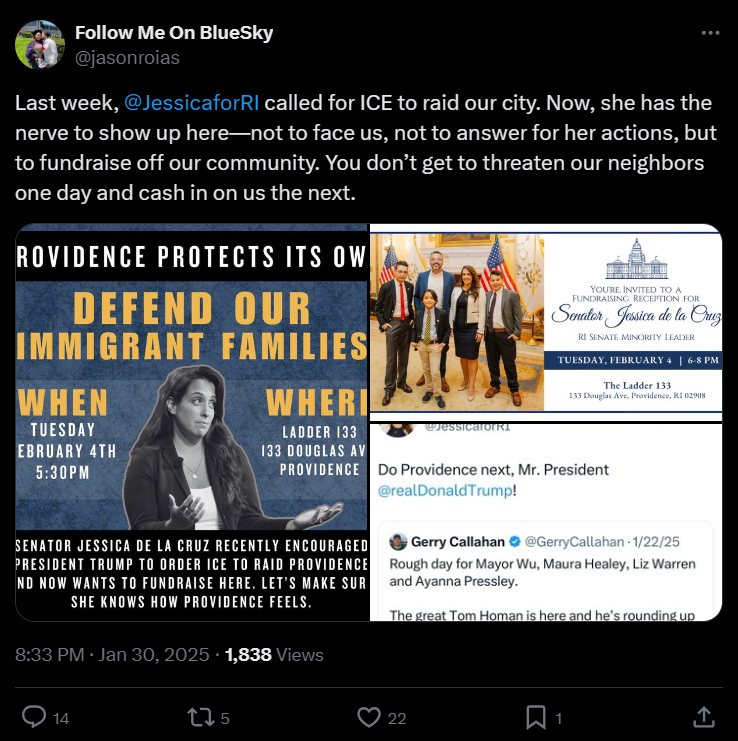 Scumbag leftists in Rhode Island plan on crashing Jessica De La Cruz’s fundraiser: “Let’s make this impossible for her.” Any Patriots want to be sure she & her guests are safe?