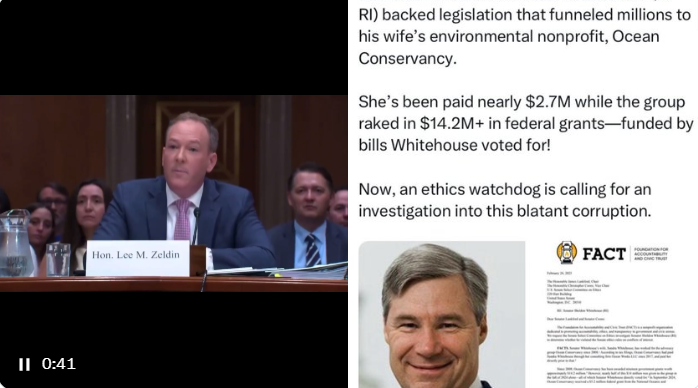 Corporatism: Sheldon Whitehouse trying to stop Rep Lee Zeldin from turning off the green slush fund used to launder billions to NGOs… His wife’s NGO.