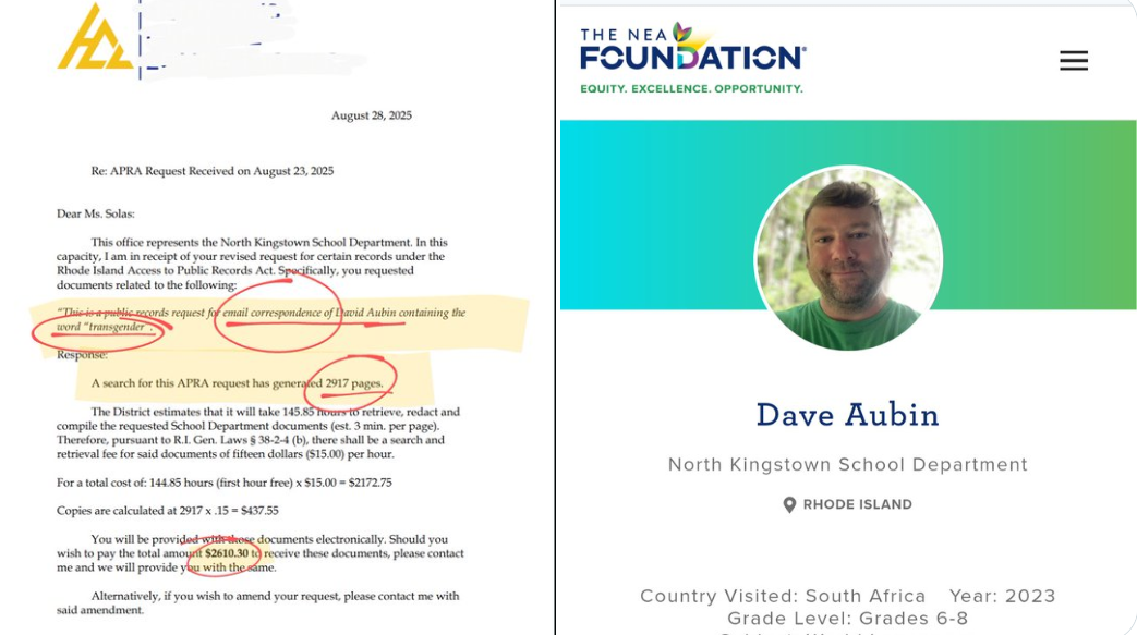 Middle school World Languages teacher David Aubin in North Kingstown has 2,917 pages of emails with the word “transgender.” Cost to obtain? $2,610.30, to read the emails of the people you pay to educate your children. Ridiculous.