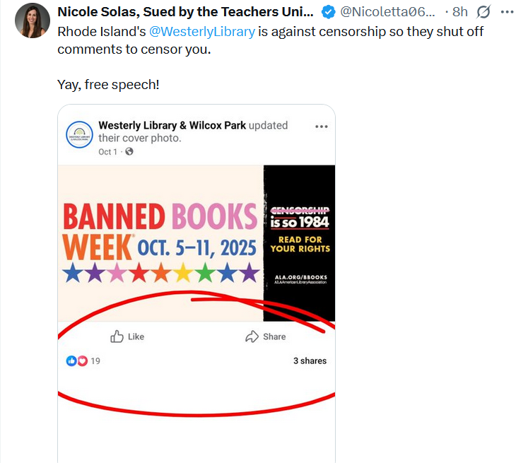 “Rhode Island’s @WesterlyLibrary is against censorship so they shut off comments to censor you. Yay, free speech!”