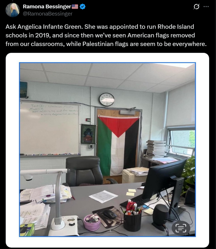 Angelica Infante Green, another leftist traitor: Since running Rhode Island schools, American flags removed from classrooms, Palestinian flags everywhere.